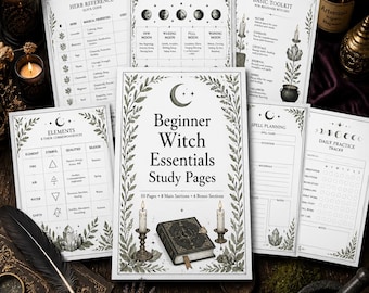 Könnte beinhalten: Eine Sammlung von weißen Studienblättern mit dem Titel Beginner Witch Essentials Study Pages, die schwarzen Text, botanische Illustrationen und Tabellen für Kräuterreferenzen, Mondphasen, Elemente und tägliche Übungen enthalten.