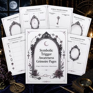 Páginas del grimorio de conciencia desencadenante para la reflexión sobre la sombra, el estudio de símbolos, el seguimiento de patrones y el diario del Libro de las Sombras.
