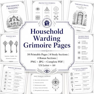 May include: A collection of printable grimoire pages titled Household Warding Grimoire Pages, featuring black and white illustrations of houses, keys, and symbols, with text detailing warding methods, checklists, and sacred space maintenance.
