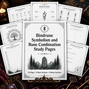 Puede incluir: Una colección de páginas de estudio blancas con texto e ilustraciones en negro sobre el simbolismo de las bindrunas y combinaciones de runas. La portada muestra el título Bindrune Symbolism and Rune Combination Study Pages con un gráfico central de una piedra rúnica, rodeado de varias hojas instructivas que incluyen referencias de runas, cuadrículas de diseño y registros de intención.