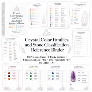 May include: A Crystal Color Families and Stone Classification Reference Binder set featuring 50 printable pages, 8 study sections, and 4 bonus sections. Includes charts for color families, stone classification, checklists, and stone profiles.
