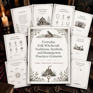 May include: A grimoire titled Everyday Folk Witchcraft Traditions, Symbols, and Homegrown Practices Grimoire, featuring 50 pages, 8 main sections, and 4 bonus sections. The cover displays a house illustration, a key, and a bird, surrounded by several smaller informational pages with botanical and symbolic drawings.