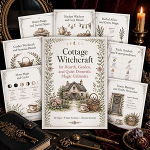 May include: A collection of printed pages titled Cottage Witchcraft for Hearth, Garden, and Quiet Domestic Magic Grimoire, featuring illustrations of a cottage, flowers, and baskets. The pages include sections on moon cycles, herbal allies, and kitchen witchery.