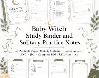Könnte beinhalten: Ein Baby Witch Studienordner und Notizen für die solitäre Praxis mit 50 druckbaren Seiten, 8 Studienabschnitten und 4 Bonusabschnitten in PNG, JPG und PDF. Das Design zeigt goldene Mondsymbole, grüne Blattakzente und gedruckten Text.