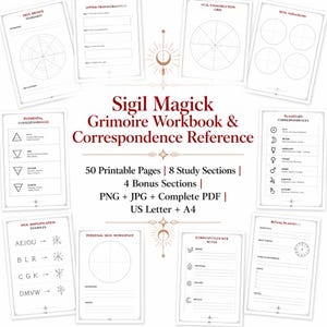 May include: A Sigil Magick Grimoire Workbook and Correspondence Reference with 50 printable pages, 8 study sections, and 4 bonus sections. The document includes worksheets for sigil design, letter transformation, construction grids, and planetary correspondences.