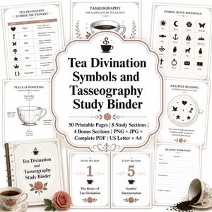 May include: A tea divination and tasseography study binder set featuring 50 printable pages, 8 study sections, and 4 bonus sections. The collection includes charts for symbol dictionaries, tea leaf positions, and reading worksheets in US Letter size.