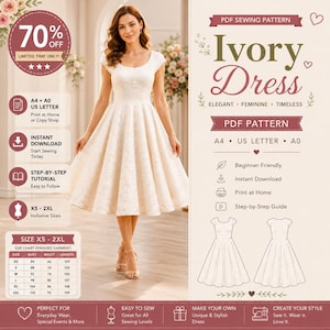 May include: A PDF sewing pattern for an ivory dress featuring a scoop neckline, cap sleeves, and a full, flared skirt. The digital document includes instructions for sizes XS to 2XL, with a size chart displaying bust, waist, and length in cm.