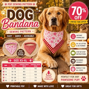 May include: A PDF sewing pattern for a dog bandana featuring a golden retriever wearing a pink floral and red gingham layered bandana. The image includes a sizing chart with measurements in inches, text labels, and icons for instant download.