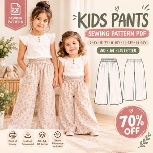 May include: A digital sewing pattern for kids trousers featuring a floral print design. The image displays two children wearing white flutter-sleeve tops and wide-leg floral trousers. Text includes KIDS PANTS SEWING PATTERN PDF, sizes 2-16Y, and 70% OFF.