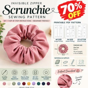 May include: A dusty rose fabric scrunchie with an invisible zipper, featured in a sewing pattern guide. The image includes text, diagrams for A0, A4, and US Letter sizes, a 30 cm by 10 cm finished size reference, and icons for sewing supplies.