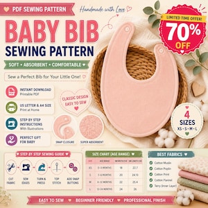 Puede incluir: Un patrón de costura digital para babero de bebé, que muestra un babero rosa claro con cierre de broche. El gráfico incluye texto como BABY BIB SEWING PATTERN, 70% OFF, y una tabla de tallas con medidas en centímetros. Enumera instrucciones, telas recomendadas y cuatro tallas de XS a L.