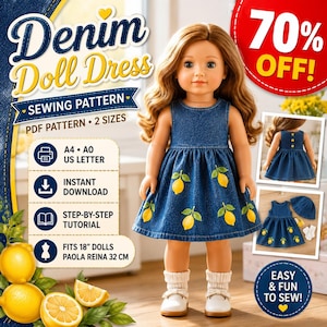 Könnte beinhalten: Ein digitales Schnittmuster für ein ärmelloses Puppenkleid aus blauem Jeansstoff mit gelbem Zitronenmuster, getragen von einer Puppe mit langem braunem Haar, weißen Socken und weißen Schuhen. Enthält Text für A4-, A0- und US-Letter-Formate.