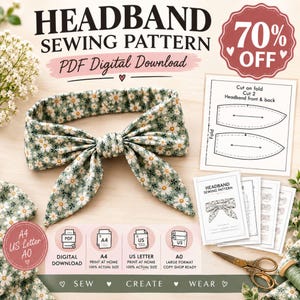 Peut inclure: Un patron de couture numérique pour un bandeau en tissu vert sauge avec un motif de marguerites blanches. L'image montre un bandeau fini, des feuilles de patron imprimées et le texte HEADBAND SEWING PATTERN PDF Digital Download.