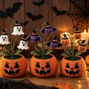 Crochet Ghost Bat Witch Hat Pumpkin Planter, Boo Sign Spooky Jack-o-Lantern Pot, Gothic Fall Desk Ornament, Handmade Halloween Table Gift