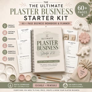 Könnte beinhalten: Ein spiralgebundenes Arbeitsbuch mit dem Titel The Ultimate Plaster Business Starter Kit, das über 60 Seiten zur Planung, Kalkulation und Produktion enthält. Beinhaltet Farbtöpfe, Pinsel, Gipsformen, einen Beutel mit Herzanhänger und Arbeitsblätter.