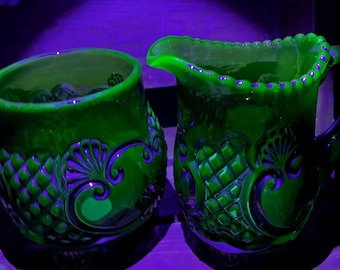 EAPG Riverside Croesus Emerald Green Creamer and Spooner