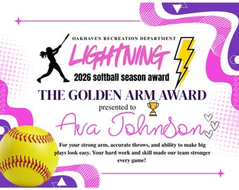 Bearbeitbare Softball-Auszeichnungsurkunde | Anerkennung für Jugendspieler (Canva-Vorlage)