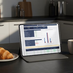 May include: A tablet computer displaying a Trading Profit Dashboard with data tables and a bar chart, positioned next to a plate with a golden-brown croissant and a white ceramic mug filled with dark coffee on a dark surface.