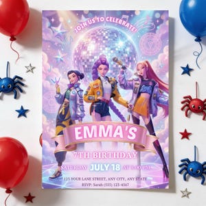 Puede incluir: Una invitación de cumpleaños con tres personajes animados con atuendos elegantes frente a una bola de discoteca. El texto dice: EMMA'S 7TH BIRTHDAY, SATURDAY JULY 18 AT 3:00 PM, 123 YOUR LANE STREET, ANY CITY, ANY STATE, RSVP: Sarah (555) 123-4567.