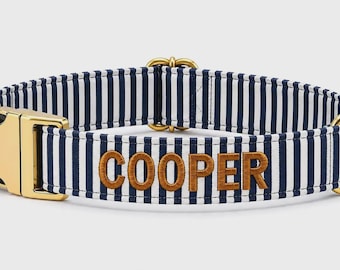 Navy Blue Striped Dog Collar | Personalized Embroidered Pet Collar
