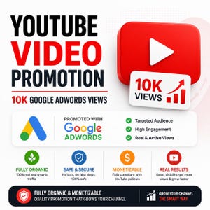 May include: A digital graphic promoting YouTube video services with the text YOUTUBE VIDEO PROMOTION 10K GOOGLE ADWORDS VIEWS. It features a red YouTube play button icon, a 10K views chart, and Google Adwords branding with checkmarks for features.