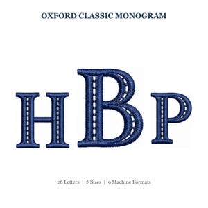 May include: The Oxford Classic Monogram embroidery design features the letters H, B, and P in a dark blue thread with a stitched outline and a central dashed line detail. The text reads OXFORD CLASSIC MONOGRAM, 26 Letters, 5 Sizes, 9 Machine Formats.