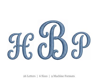 May include: The Magnolia Script embroidery font features the letters H, B, and P in a blue, stitched, cursive style. Below the letters, the text reads 26 Letters | 6 Sizes | 9 Machine Formats, indicating the available options for this digital design.