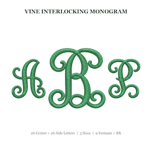 Puede incluir: Un diseño de bordado digital con el texto VINE INTERLOCKING MONOGRAM en la parte superior y las letras A, B y P en una fuente cursiva verde y decorativa. El texto inferior dice 26 Center + 26 Side Letters | 5 Sizes | 9 Formats + BX.