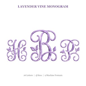 May include: Lavender Vine Monogram embroidery design featuring the letters H, B, and P in a cursive script with vine and leaf accents. The text at the top reads LAVENDER VINE MONOGRAM, and the bottom text reads 26 Letters | 4 Sizes | 9 Machine Formats.