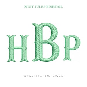 May include: Mint green embroidered letters H, B, and p in a fishtail font style. The text MINT JULEP FISHTAIL appears at the top, and the text 26 Letters | 6 Sizes | 8 Machine Formats appears at the bottom of this digital embroidery design.