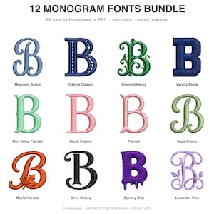 Puede incluir: Un paquete de 12 fuentes de monograma que presenta la letra B en varios estilos, incluidos Magnolia Script, Oxford Classic, Emerald Fancy, Varsity Block, Mint Julep Fishtail, Blush Classic, Fishtail, Sage Charm, Maple Harvest, Onyx Classy, Spooky Drip y Lavender Vine.