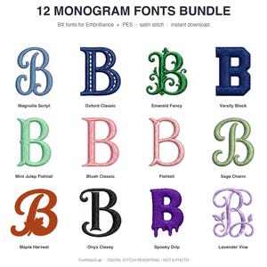 Pakiet 12 czcionek z monogramami ściegiem satynowym, alfabety haftowane BX + PES (do natychmiastowego pobrania)