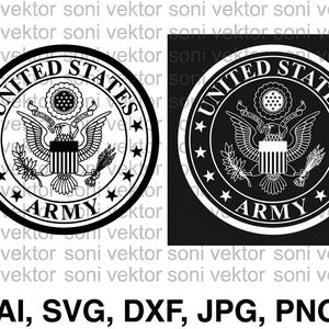 May include: A digital graphic featuring the United States Army seal in two variations: one with black lines on a white background and one with white lines on a black background. The circular emblem displays an eagle, stars, and the text United States Army.