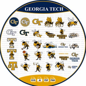 May include: A circular graphic collection featuring the Georgia Tech logo, various yellow jacket mascot illustrations, and text variations. The design includes multiple icons of bees, sports-themed characters, and vintage vehicles in gold, navy, and white.