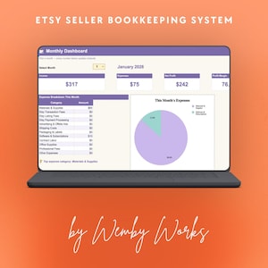 May include: A laptop screen displaying an Etsy Seller Bookkeeping System monthly dashboard for January 2026. The interface features income, expenses, net profit, and profit margin data, an expense breakdown table, and a pie chart titled This Month's Expenses.