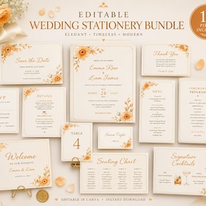 May include: An editable wedding stationery bundle featuring 12 pieces with cream backgrounds, gold text, and orange floral accents. Includes a main invitation, save the date, RSVP, menu, ceremony program, seating chart, and table number cards.