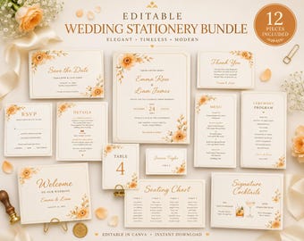 Wedding Invitation Suite Template, Editable Canva, Orange Yellow Pastel Wedding Stationery, Invite RSVP Save the Date Signs Menu Bundle
