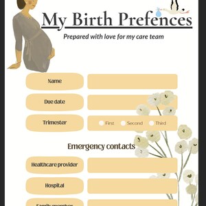 Może przedstawiać: Formularz preferencji porodowych z ilustracją ciężarnej postaci, bociana oraz napisem My Birth Preferences. Dokument zawiera pola na imię i nazwisko, przewidywaną datę porodu, wybór trymestru oraz kontakty alarmowe z motywem kwiatowym.
