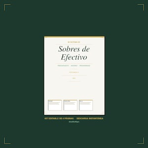 May include: A white document cover with dark green text reading Mi Sistema de Sobres de Efectivo, Presupuesto, Ahorro, Prosperidad, Pertenece a, and Año. At the bottom, three boxes are labelled Budget, Envelopes, and Bills, with Kit Editable de 6 Páginas.