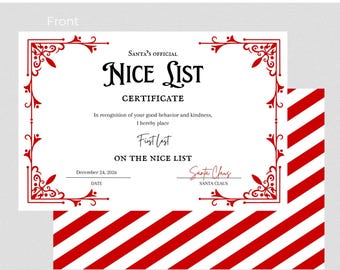 Santa's Official Nice List Certificate Printable · 9x6"  · Digital Editable Canva Template
