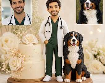 May include: A custom cake topper featuring a figurine of a doctor in a white coat and green scrubs with a stethoscope, standing next to a Bernese Mountain Dog figurine, placed beside a two-tier white cake decorated with cream-colored roses.