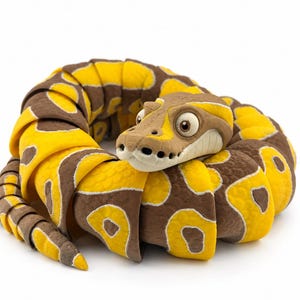May include: A coiled, articulated snake figurine featuring a vibrant pattern of bright yellow and brown patches. The snake has a textured, segmented body design with a smooth, light-colored head, large eyes, and a detailed snout with visible nostrils.