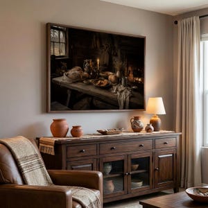 May include: A rectangular framed wall art print depicting a rustic wooden table with loaves of bread, a pitcher, and a lit candle in a dark room. The artwork is mounted above a dark brown wooden sideboard featuring drawers and glass cabinet doors.