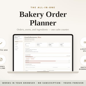 Könnte beinhalten: Ein digitaler Bäckerei-Auftragsplaner auf einem Laptop-Bildschirm mit einem Dashboard für Auftragsmetriken, Finanzübersichten und Zutatenverfolgung. Die Benutzeroberfläche enthält Textbeschriftungen für einfache Bedienung und sofortigen Download.