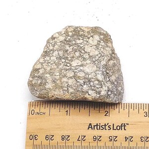 Könnte beinhalten: Ein rauer, mehrfarbiger magmatischer Stein mit einer gesprenkelten Textur aus hellgrauen, beigen und dunkelgrauen Mineralkörnern. Der Stein liegt über einem Holzlineal und zeigt eine Breite von etwa 5,7 Zentimetern an seiner Basis.