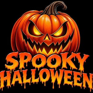 Puede incluir: Una ilustración gráfica que presenta una calabaza naranja brillante con una expresión amenazante y dientes afilados, situada sobre el texto SPOOKY HALLOWEEN escrito en una fuente de degradado naranja y amarillo que gotea.