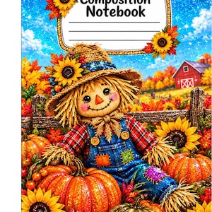 Glitter Scarecrow Pumpkin Patch Composition Notebook Cover, Fall Notebook Printable, Autumn School Supply Cover, Digital Download