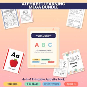 Pode incluir: Alphabet Learning Mega Bundle, coleção de atividades imprimíveis 4 em 1 com traçado, colorir, correspondência, caligrafia e flashcards. Inclui 335 páginas de conteúdo educativo para idades 3-6, com folhas mostrando letras, uma maçã e arco-íris.