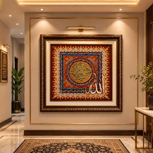 May include: A square wall art piece featuring intricate Arabic calligraphy in gold and white against a deep red and orange patterned background, enclosed in a dark ornate frame with a white mat, centered on a wall with gold trim accents.
