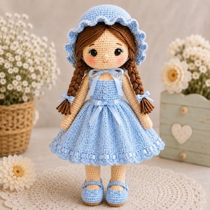 May include: A crocheted doll with brown yarn hair in two braids, wearing a light blue dress with a matching bonnet and shoes. The doll features a beige complexion, rosy cheeks, and black eyes. The dress is adorned with small buttons and ribbons.